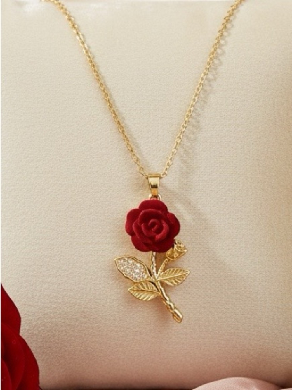 Coquette Red Velvet Rose Necklace Gold Romantic Cottagecore Vintage Style Glam